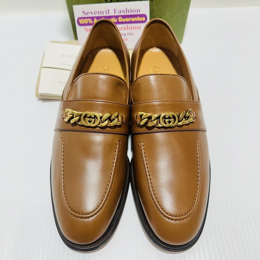 Gucci Chain Interlocking GG 9.5/ US 10 Loafer Brown Italian Leather Shoe NIB - Picture 5 of 13